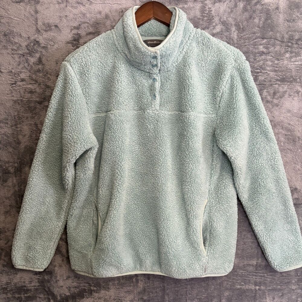 Eddie Bauer M Sage Green Sherpa Fleece Pullover Snap Mock Neck Outdoor Gorpcore